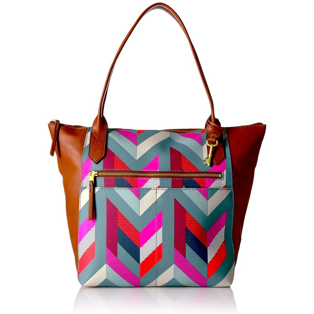CLOSEOUT SALE NEW Fossil Fiona Chevron Tote Bag  Retro Style Key Fob Charm